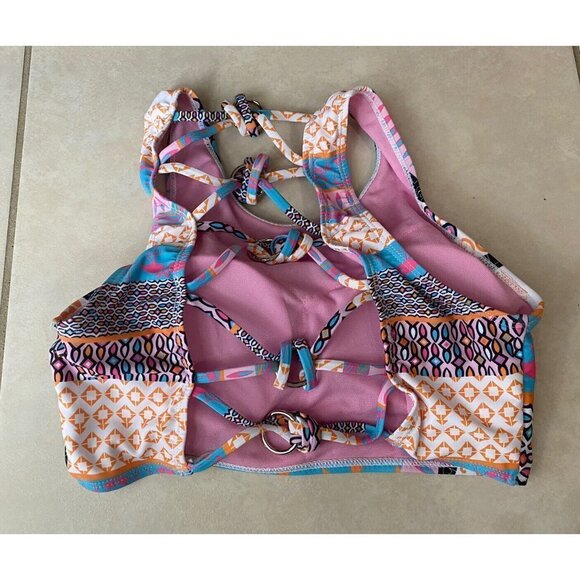 YMI WOMEN'S SWIMSUIT LACE UP BACK TOP Geometric Print Size S - Picture 2 of 5